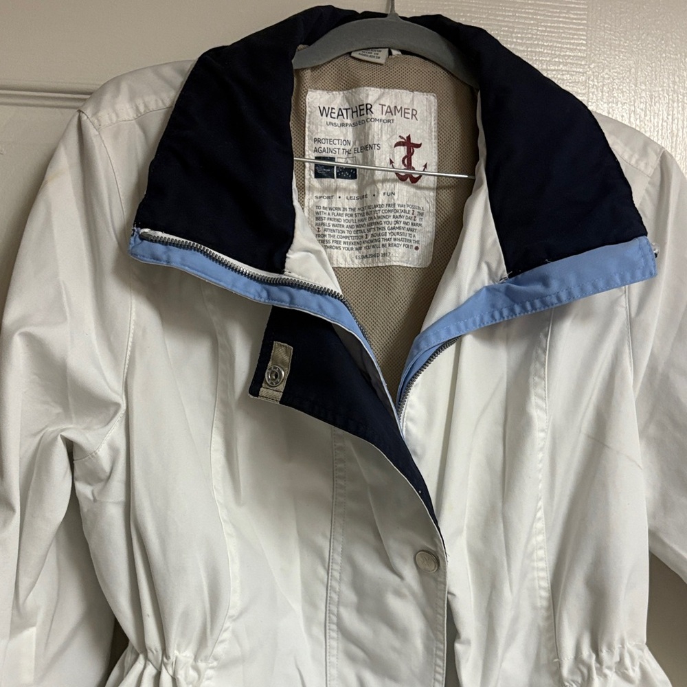 Weather Tamer Women's White Trench Coat with Navy & Light Blue Trim